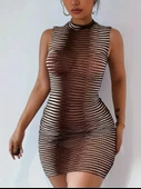 Kadın Sıfır Kol Desenli Mini Bodycon Dalgıç Elbise - 4