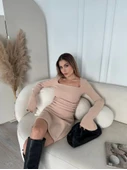 Kare Yaka Mını Boy Fitilli Elbise - Bej - 2