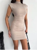 Yarım Bogazlı Kolsuz Mini Boy Elbise - Bej - 2