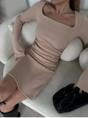 Kare Yaka Mını Boy Fitilli Elbise - Bej - 4