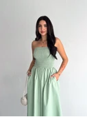 Straplez Pileli Elbise - Su Yeşili - 1