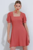 Gül Kurusu Kare Yaka Örme Mini Elbise - 1