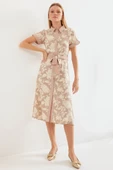 2455 Desenli Gömlek Elbise - Bej - 4