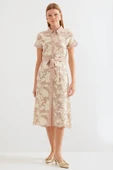 2455 Desenli Gömlek Elbise - Bej - 2
