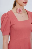Gül Kurusu Kare Yaka Örme Mini Elbise - 4