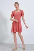Gül Kurusu Kare Yaka Örme Mini Elbise - 3