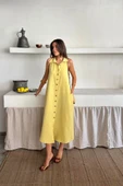 KETEN ÖNDEN DÜĞMELİ KOLSUZ GÖMLEK YAKA ELBİSE - Sarı - 4