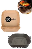 Isıya Dayanıklı Silikon Airfryer Gri Kare Pişirme Matı 20 Cm Ve 50 Adet Pişirme Kağıdı - 1