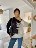 Kadın Uzun Kollu Kapşonlu Bağcıklı Kedi Desenli şardonlu Dalgıç Bluz - 6