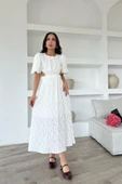 Beyaz Balon Kol Kuşaklı Elbise - 3
