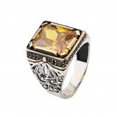 Sarı Zirkon Taşlı 925 Ayar Gümüş Erkek Yüzük thumbnail 3