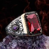Kırmızı Zirkon Taşlı 925 Ayar Gümüş Erkek Yüzük thumbnail 1