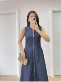 Jeans Kot Önü Tam Fermuarlı Uzun Elbise - Mavi - 2