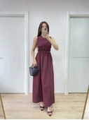 Kolsuz Göğüs Lastıklı Uzun Elbise - Bordo - 4