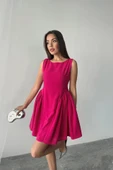Fuşya Mini Boy Büzgülü Keten Elbise - 4
