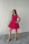 Fuşya Mini Boy Büzgülü Keten Elbise - 2