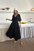 V YAKA DÖKÜMLÜ ELBİSE - Siyah - 1