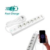 Byes BY80-141 6'lI Anahtarlı USB Hızlı Şarjlı 2m Kablolu Topraklı Priz | 20W PD QC Destekli - 1