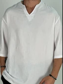 Müslin Kumaş Fakir Kol Beyaz T-Shirt - 4