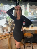 Kadın Kare Yaka Kolları Tül Sandy Kumaş Fırsat ürün Mini Siyah Elbise - 2