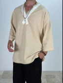 Etnik Desenli Sarı Çizgili Fakir Kol T-Shirt - 3