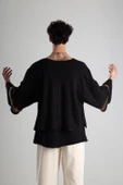 Kendinen T-Shirt Fakir Kol Siyah Örme Triko - 2