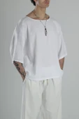 Müslin Kumaş Fakir Kol Beyaz T-Shirt - 3