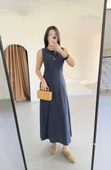 Keten Uzun Kolsuz Elbise- Mavi - 1
