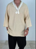 Etnik Desenli Sarı Çizgili Fakir Kol T-Shirt - 1