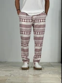Etnik Desenli Bordo Keten Pantolon - 1