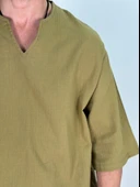 Müslin Kumaş Fakir Kol Zeytin Yeşili T-Shirt - 4