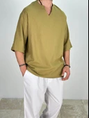 Müslin Kumaş Fakir Kol Zeytin Yeşili T-Shirt - 2