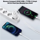 Baseus Compact 20W USB + Type-C Çıkışlı Qc3.0 Hızlı Şarj Başlığı Şarj Aleti Beyaz - 2