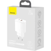 Baseus Compact 20W USB + Type-C Çıkışlı Qc3.0 Hızlı Şarj Başlığı Şarj Aleti Beyaz - 5