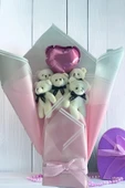 Yumoş Beyaz Ayıcıklı Pembe Peluş Ayıcık Buketi – Kalpli Balonlu Romantik Hediye - 1