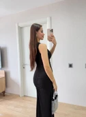 Kolsuz Büzgülü Uzun Elbise - Siyah - 3