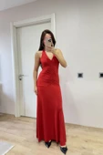 Sırt Dekolteli Uzun Kollu Elbise - Kırmızı - 4