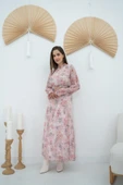 Pembe Şanzelize Çiçek Desenli Elbise - 1