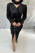 Siyah Taşlı Büzgülü Elbise - 4