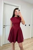 Sırt Dekolteli Çan Detaylı Mini Elbise - Bordo - 1