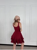 Fırfırlı Askılı Mini Elbise - Bordo - 2