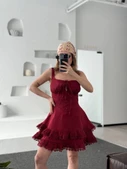 Fırfırlı Askılı Mini Elbise - Bordo - 1
