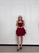Fırfırlı Askılı Mini Elbise - Bordo - 4
