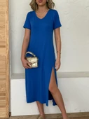 Kadın Kısa Kollu V Yaka Maxi Boy Elbise 124 Cm - 5