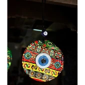 Etnik Desen Nazar Boncuklu Altın Rengi Füzyon Cam Duvar Süsü - 2