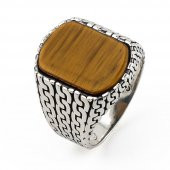 Örgü Desenli Kaplangözü Taşlı 925 Ayar Gümüş Erkek Yüzük thumbnail 3