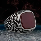 Kırmızı Kare Akik Taşlı 925 Ayar Gümüş Erkek Yüzük thumbnail 1