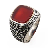 Kırmızı Kare Akik Taşlı 925 Ayar Gümüş Erkek Yüzük thumbnail 3