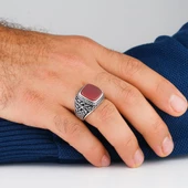 Kırmızı Kare Akik Taşlı 925 Ayar Gümüş Erkek Yüzük thumbnail 2