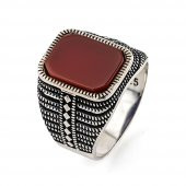 Kırmızı Akik Taşlı 925 Ayar Gümüş Erkek Yüzük thumbnail 3